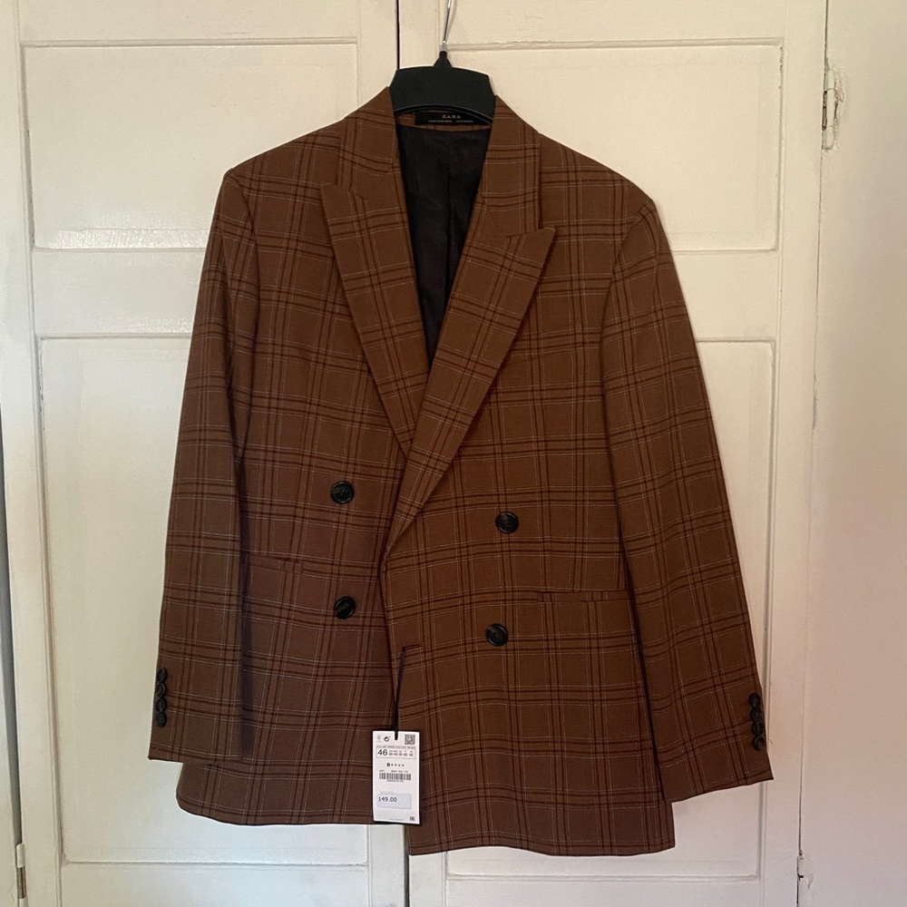 Men’s Zara brown plaid oversized double breasted blazer
